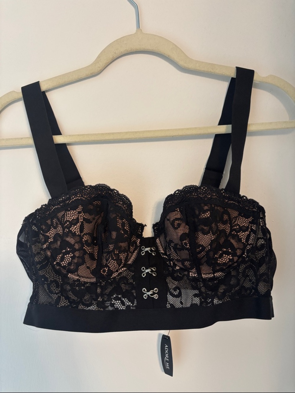 ✨NWT✨ Adore Me Black Lace Longline Bustier Bra with Silver Hook Accents Size 36B
